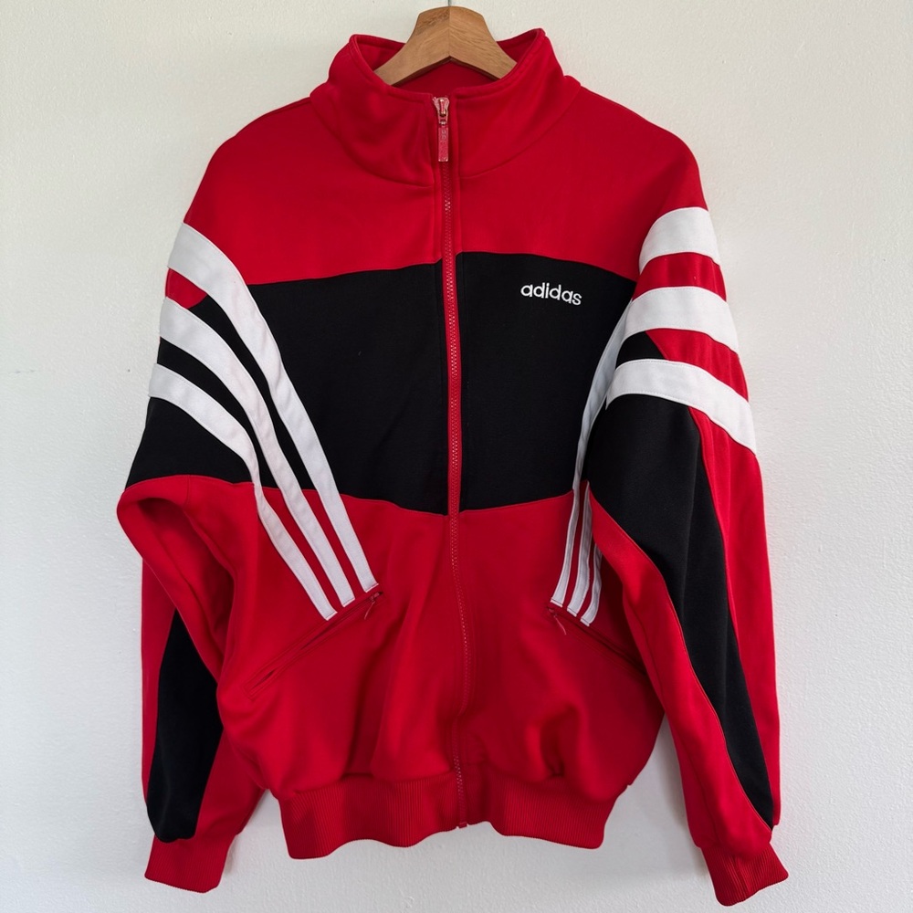 Vintage 90s Adidas Track Jacket Mens Medium Red White Black Full Zip 3 Stripe